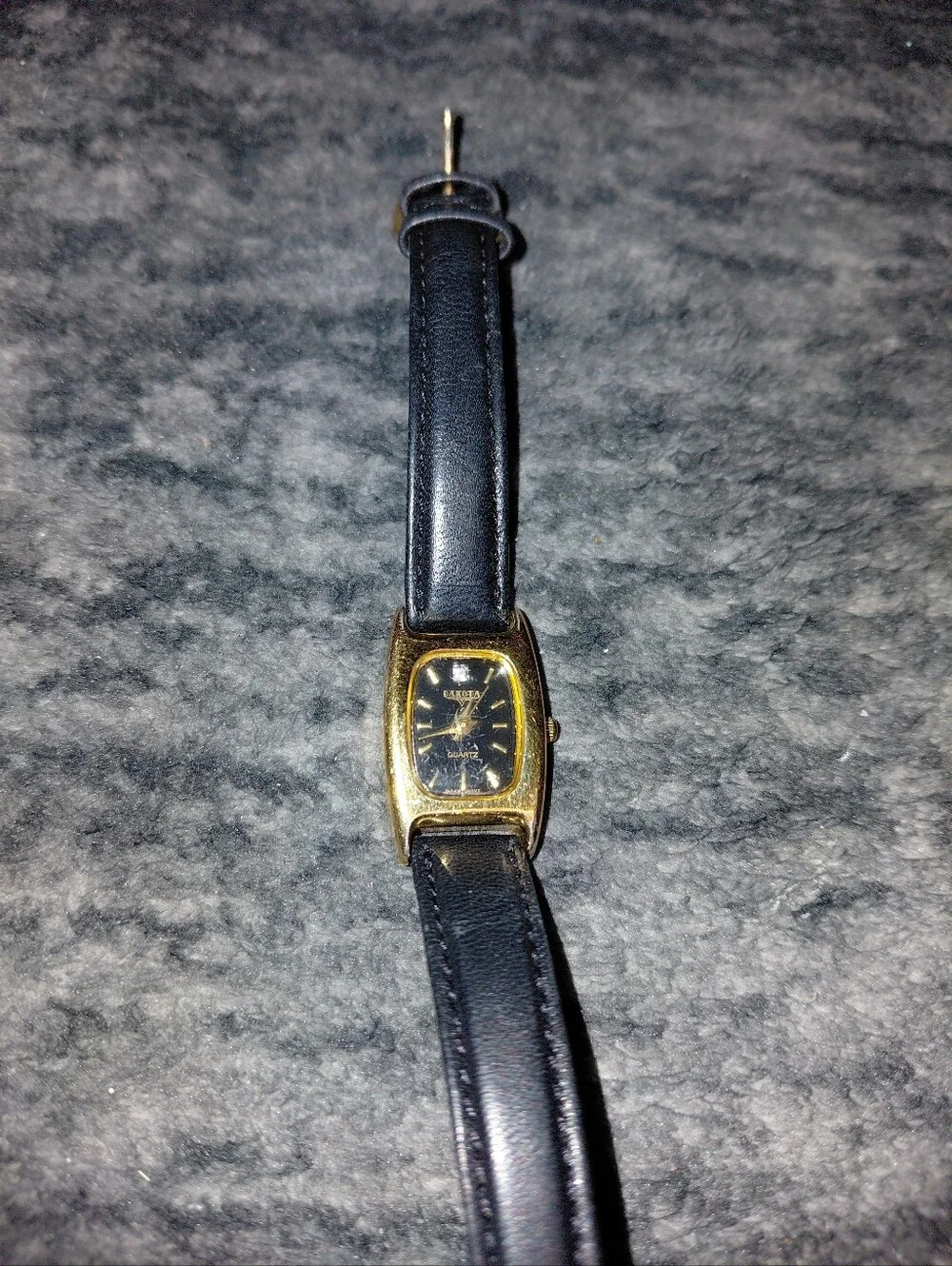 Vintage Dakota Genuine Diamond Watch Gold Tone Black Dial Leather Tank Y2K CC